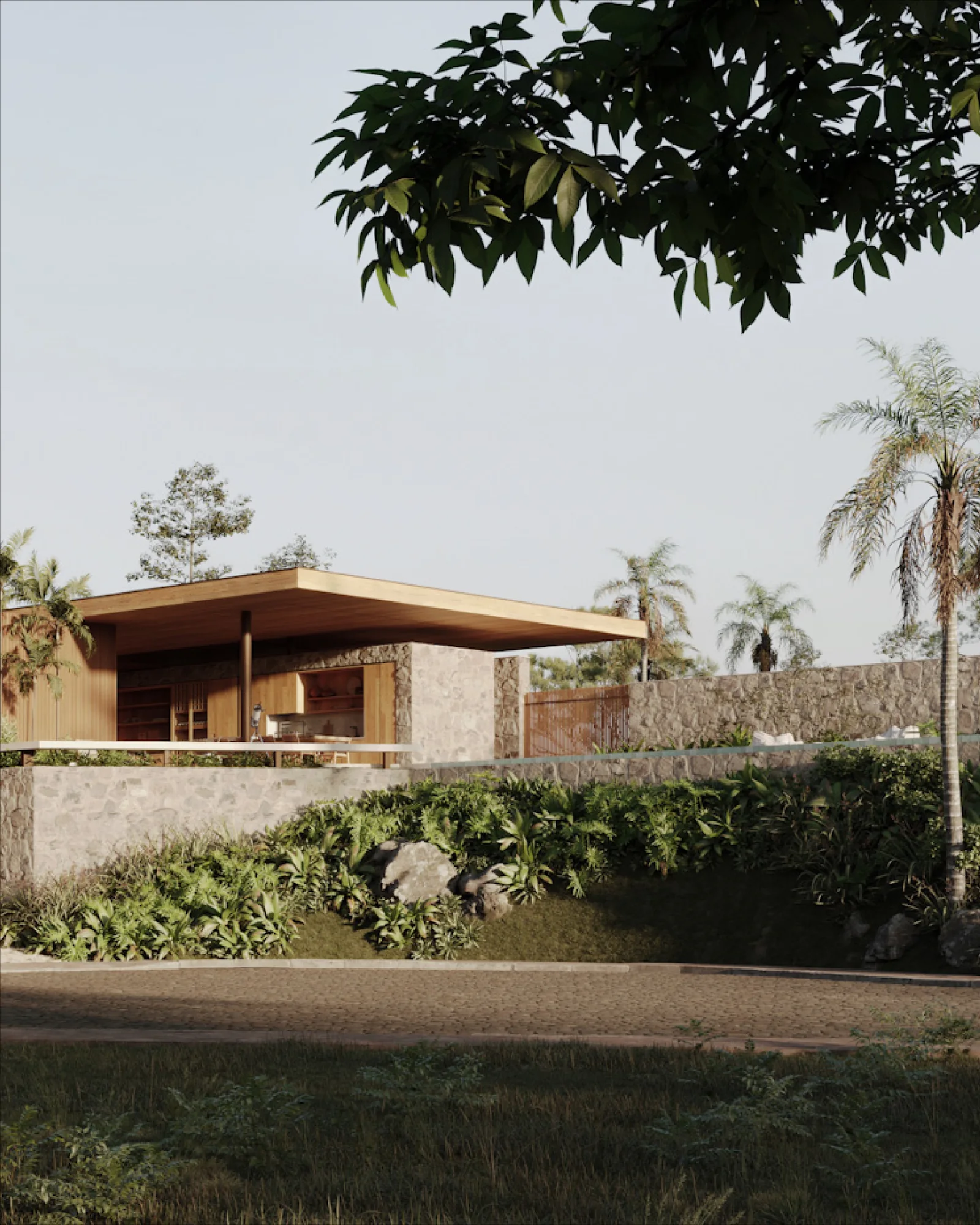 Ibiapaba House: cobertura de madeira, fachada de pedra e paisagem arborizada